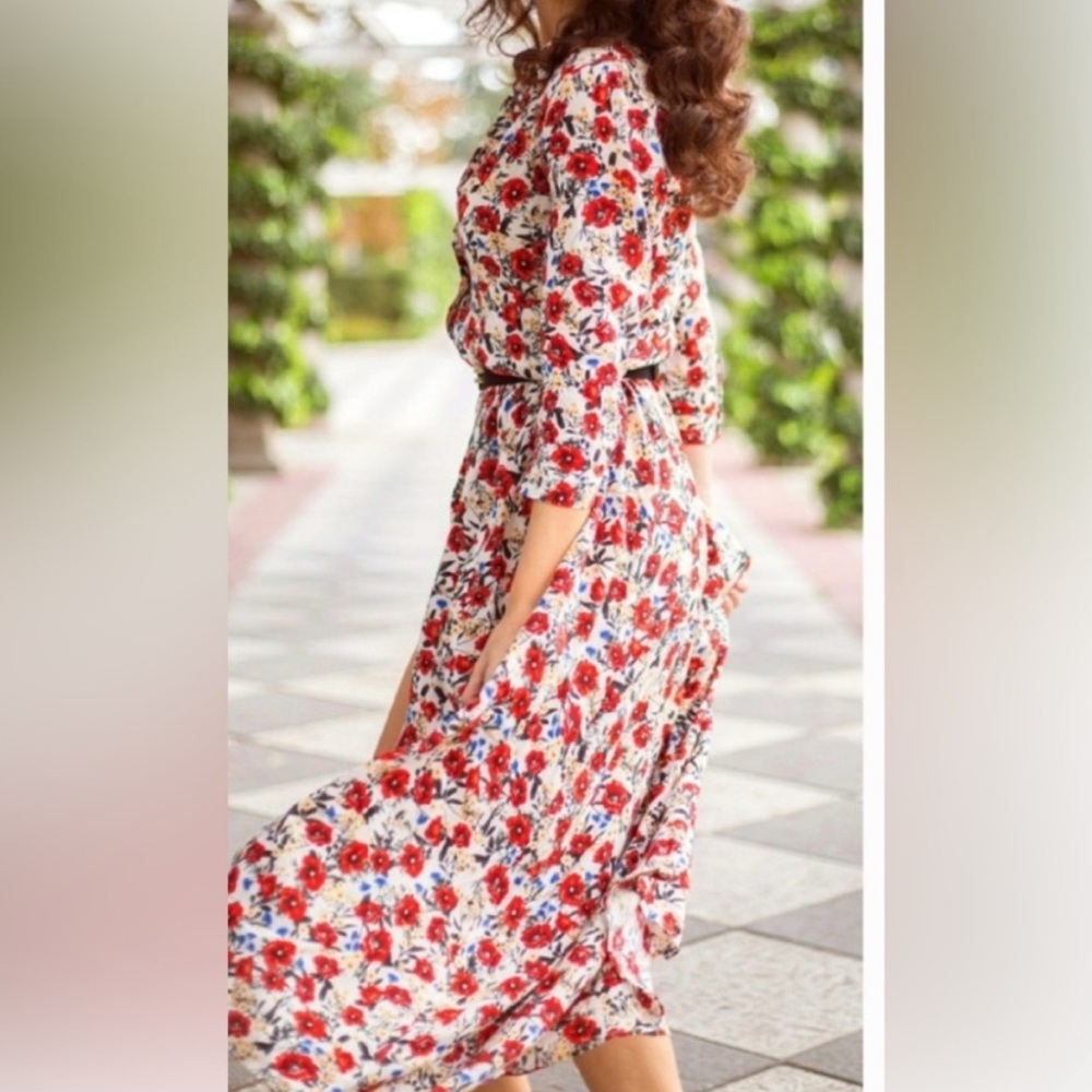 Zara White Floral Long Sleeve Wrap Dress with Red Accents - Picture 3 of 9